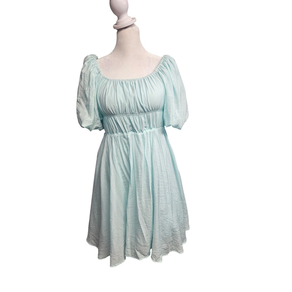 Audrey Parks Francescas Light Blue Smocked Puff Sleeve Mini Dress Minlyn F239 S